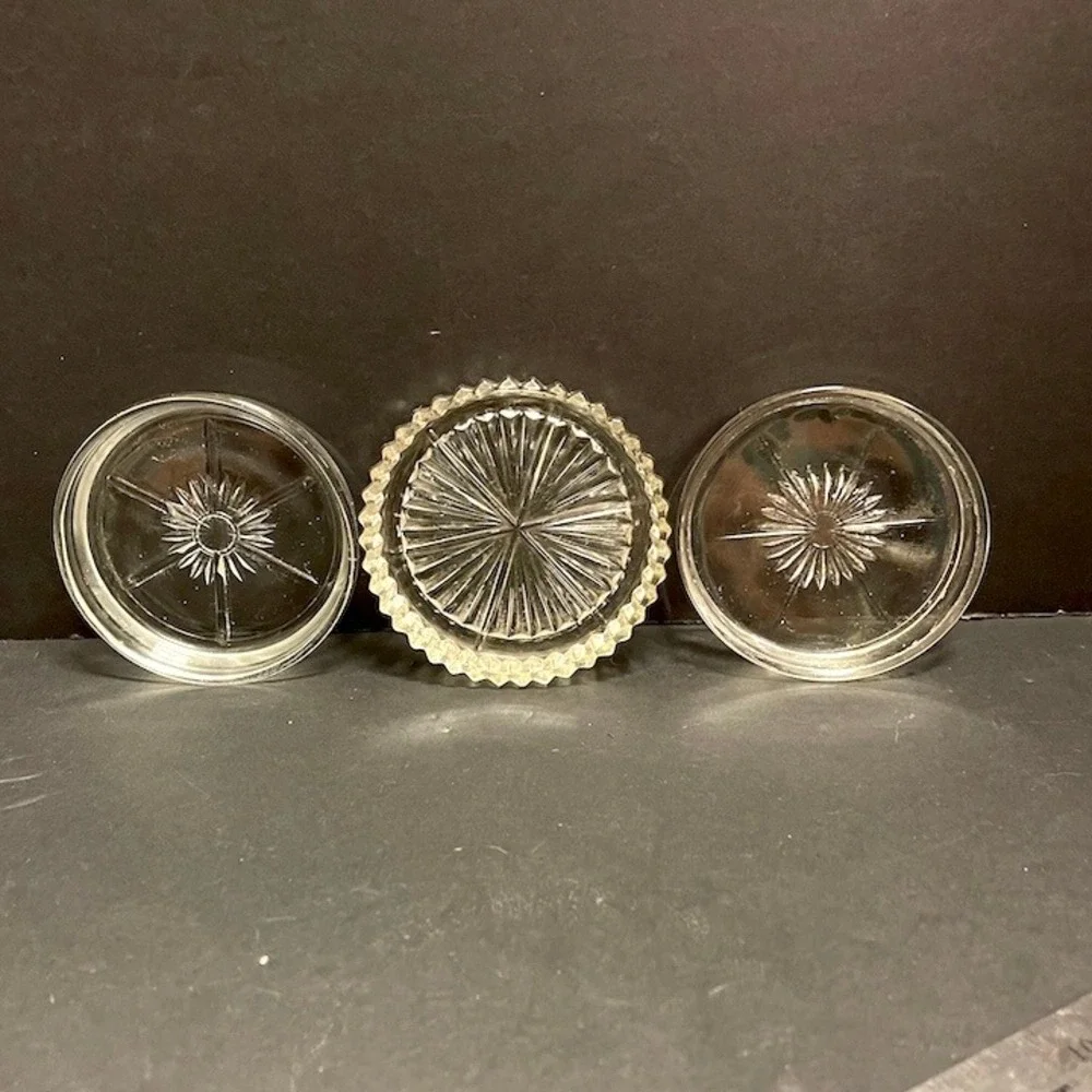 Vintage Pressed Glass Coaster Set of 3 Starburst Sunburst Clear Round Barware